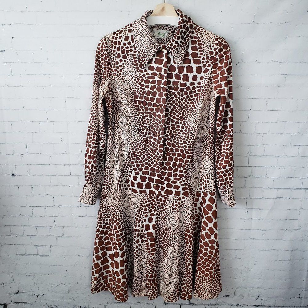 Vintage Giraffe Print Dress Size 16 / L Brown Animal Print Polyester Drop Waist